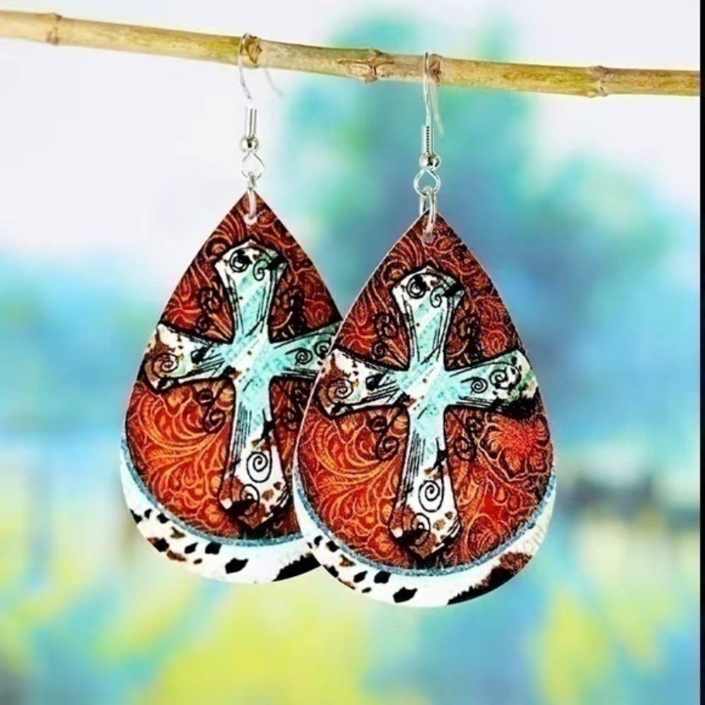 PU Leather Western Style Turquoise Cross  Earrings